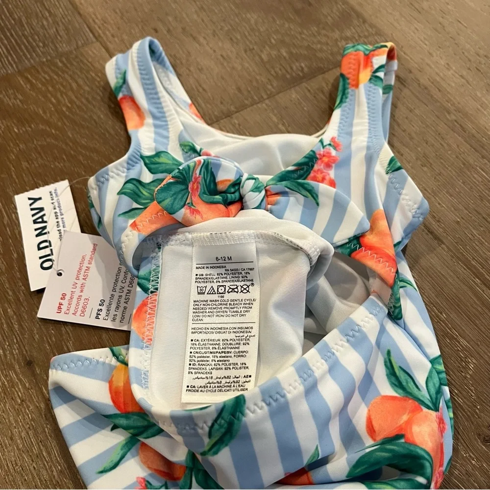 Old Navy Baby Girl Blue Striped Swimsuit Bow Peach Size 6-12 Months